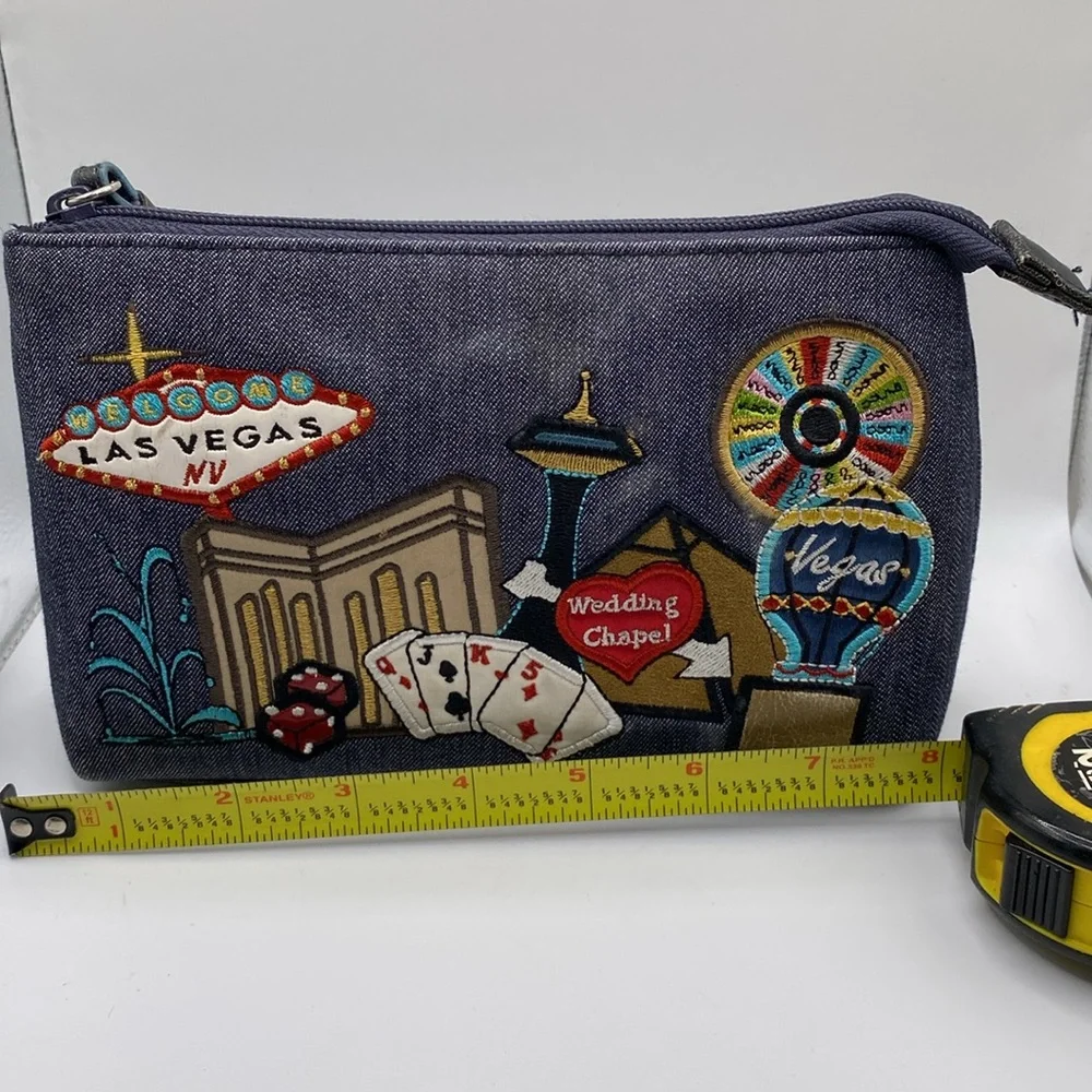 Frankie & Johnnie Vegas Embroidered Denim Makeup Case‎ Clutch Bag
